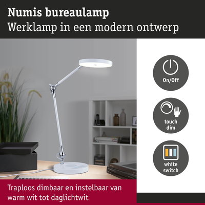 Moderne witte LED-bureaulamp Numis met touch dimmer en traploos instelbare kleurtemperatuur van warm wit tot daglichtwit