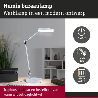 Witte LED-bureaulamp Numis met touch dimmer en instelbaar licht van warm wit tot daglichtwit