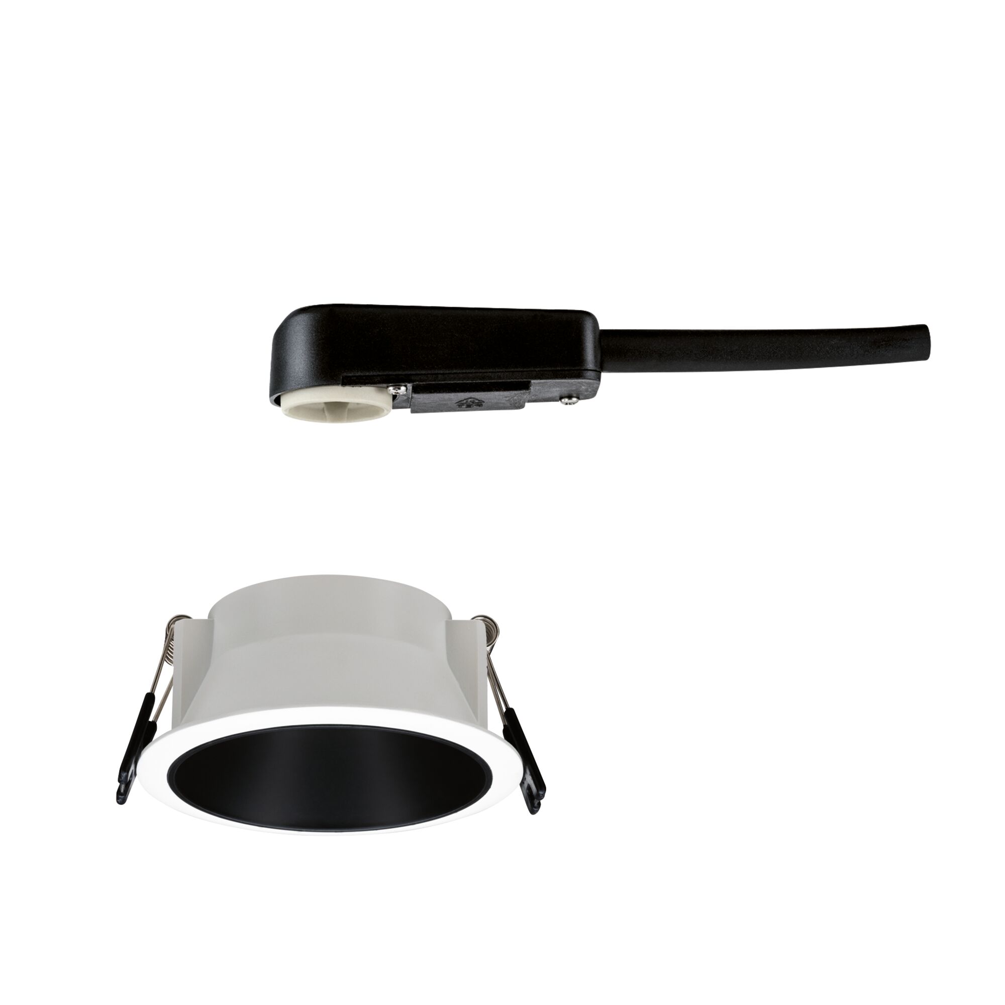 White recessed spotlight with black reflector and black plastic connector cable for LED lighting