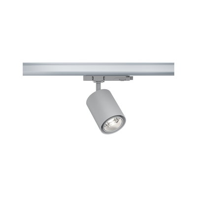 Moderner grauer LED-Spot aus Metall an Schienensystem für flexible Raumbeleuchtung