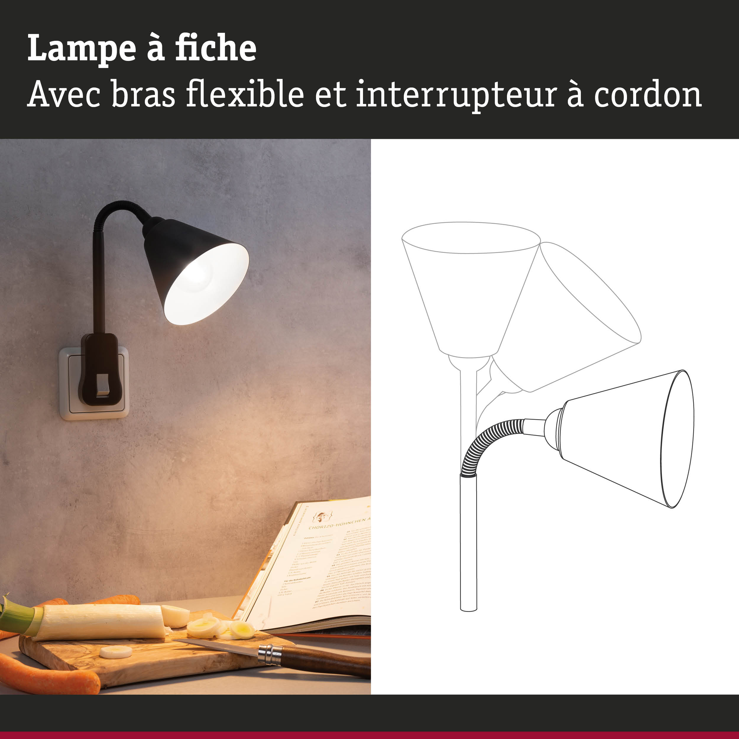 Lampe à fiche noire avec bras flexible et interrupteur à cordon, idéale pour éclairage de cuisine ou bureau