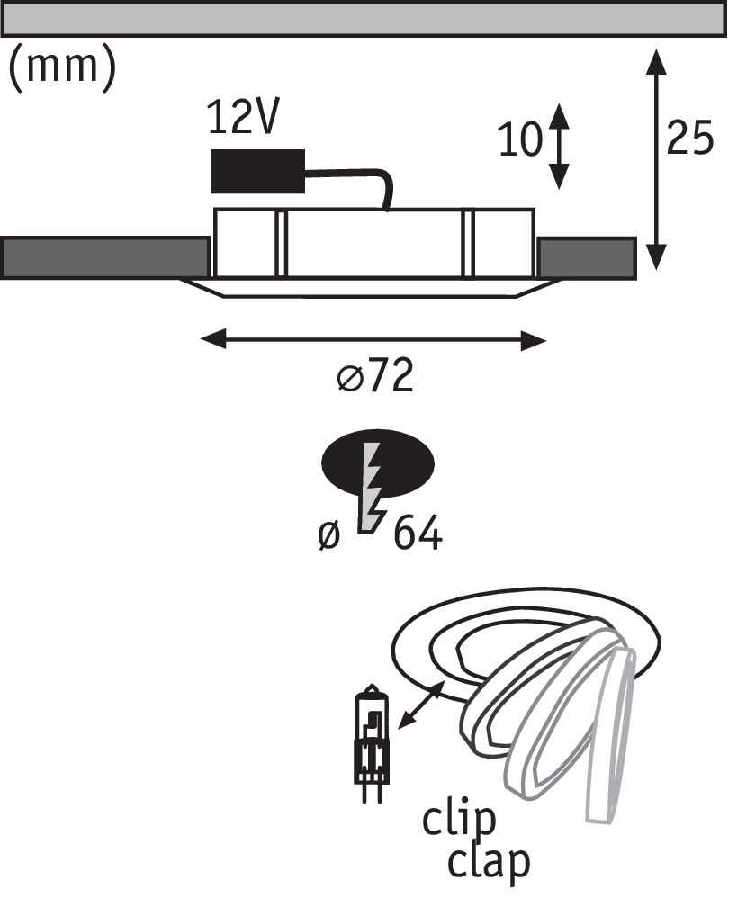 Technische Zeichnung eines 12V LED-Einbaustrahler mit 72 mm Durchmesser und 25 mm Einbautiefe
