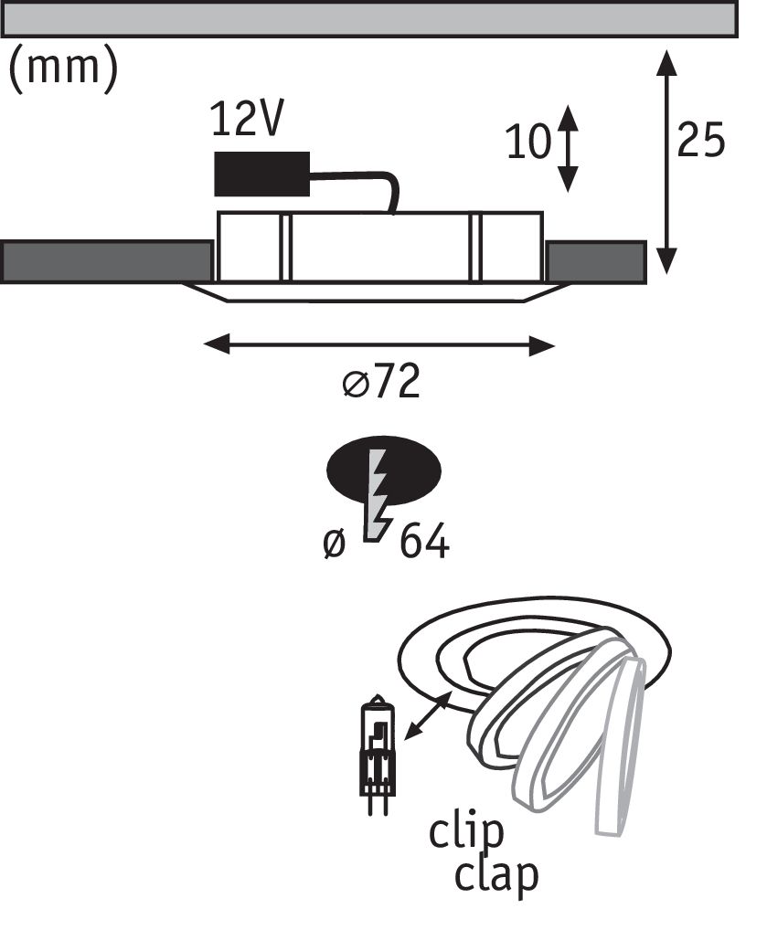 Recessed furniture luminaires Micro Line Klipp Klapp round 72mm max. 20W 12V dimmable Chrome