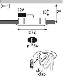 Technical drawing of 12V LED recessed spotlight with 72 mm diameter and 25 mm installation depth