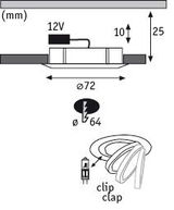 Technical drawing of 12V LED recessed spotlight with 72 mm diameter and 25 mm installation depth
