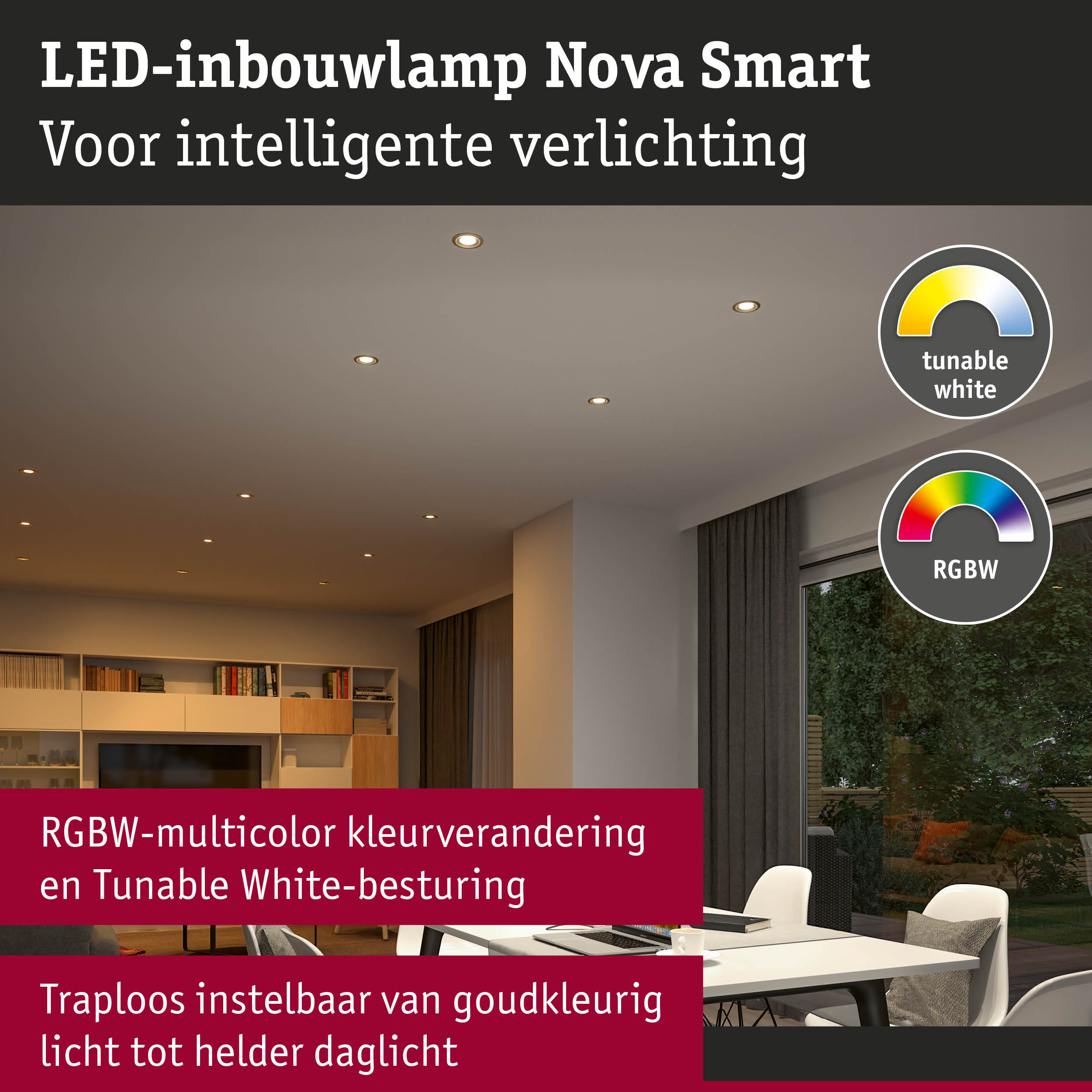 LED-inbouwlamp Nova Smart met RGBW-kleurverandering en Tunable White-besturing voor slimme verlichting