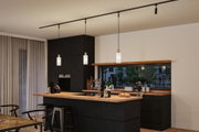 Modern kitchen with black wood cabinets and wooden countertop, three white pendant lights on black track lighting.