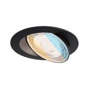 Schwarzer Einbaustrahler mit einstellbarem Reflektor und warmweißem LED-Licht für moderne Raumbeleuchtung