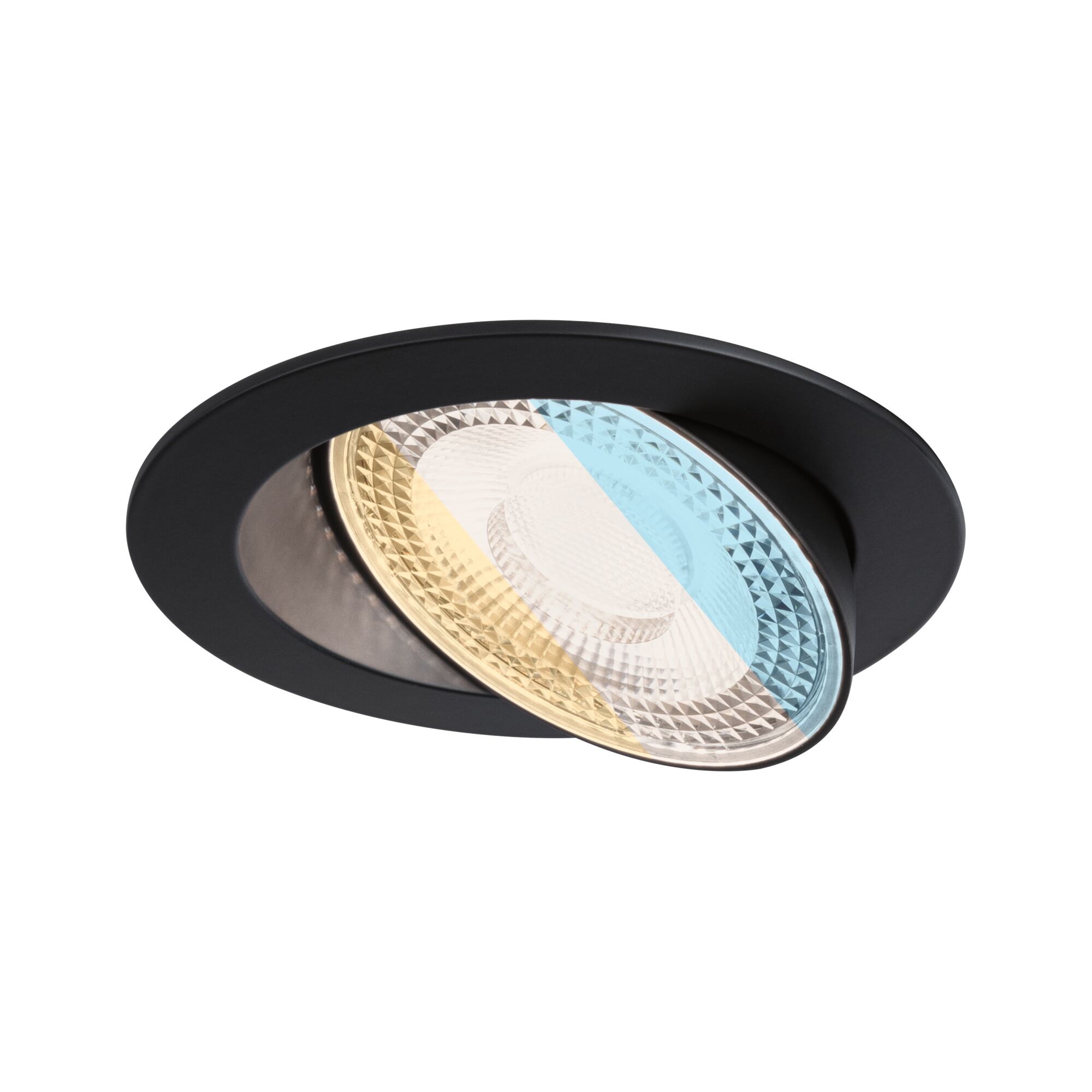 Schwarzer Einbaustrahler mit einstellbarem Reflektor und warmweißem LED-Licht für moderne Raumbeleuchtung