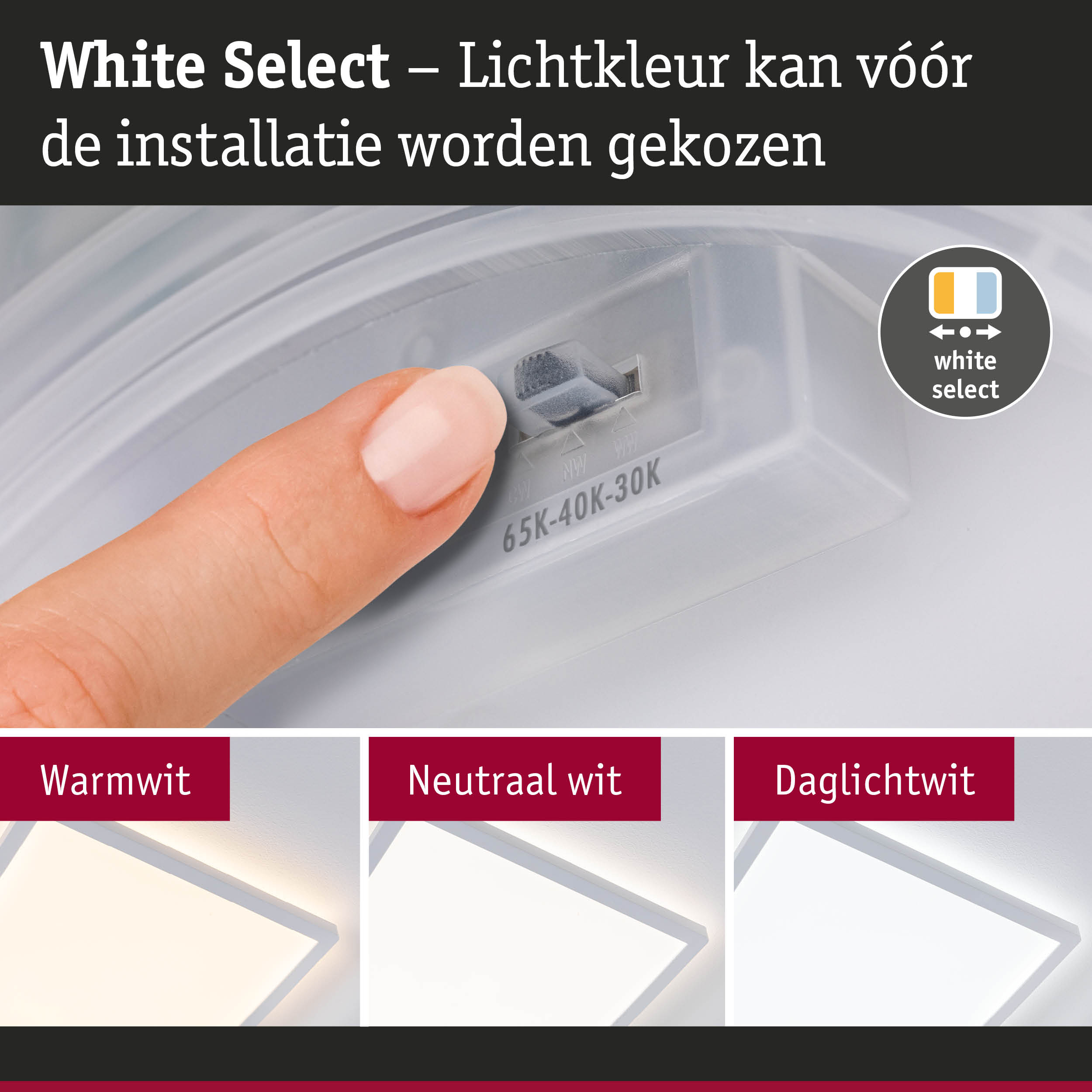 Vinger stelt lichtkleur in op wit kunststof lichtpaneel met drie witopties
