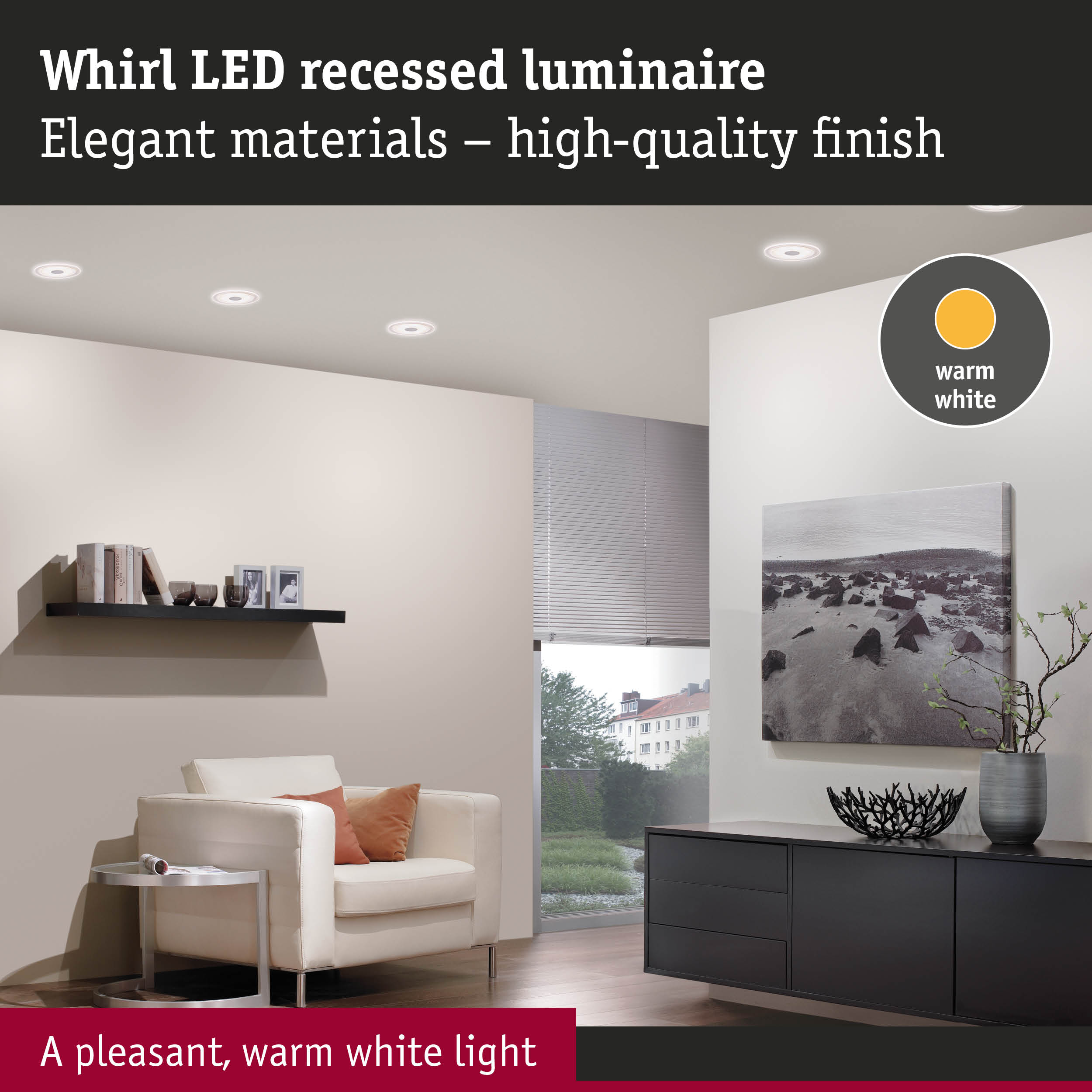 Whirl LED recessed luminaire with warm white light in modern living room with beige wall and black sideboard