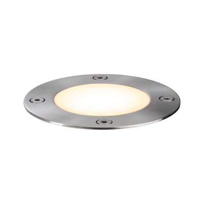 Round LED recessed floor light in brushed stainless steel with warm white light for outdoor use