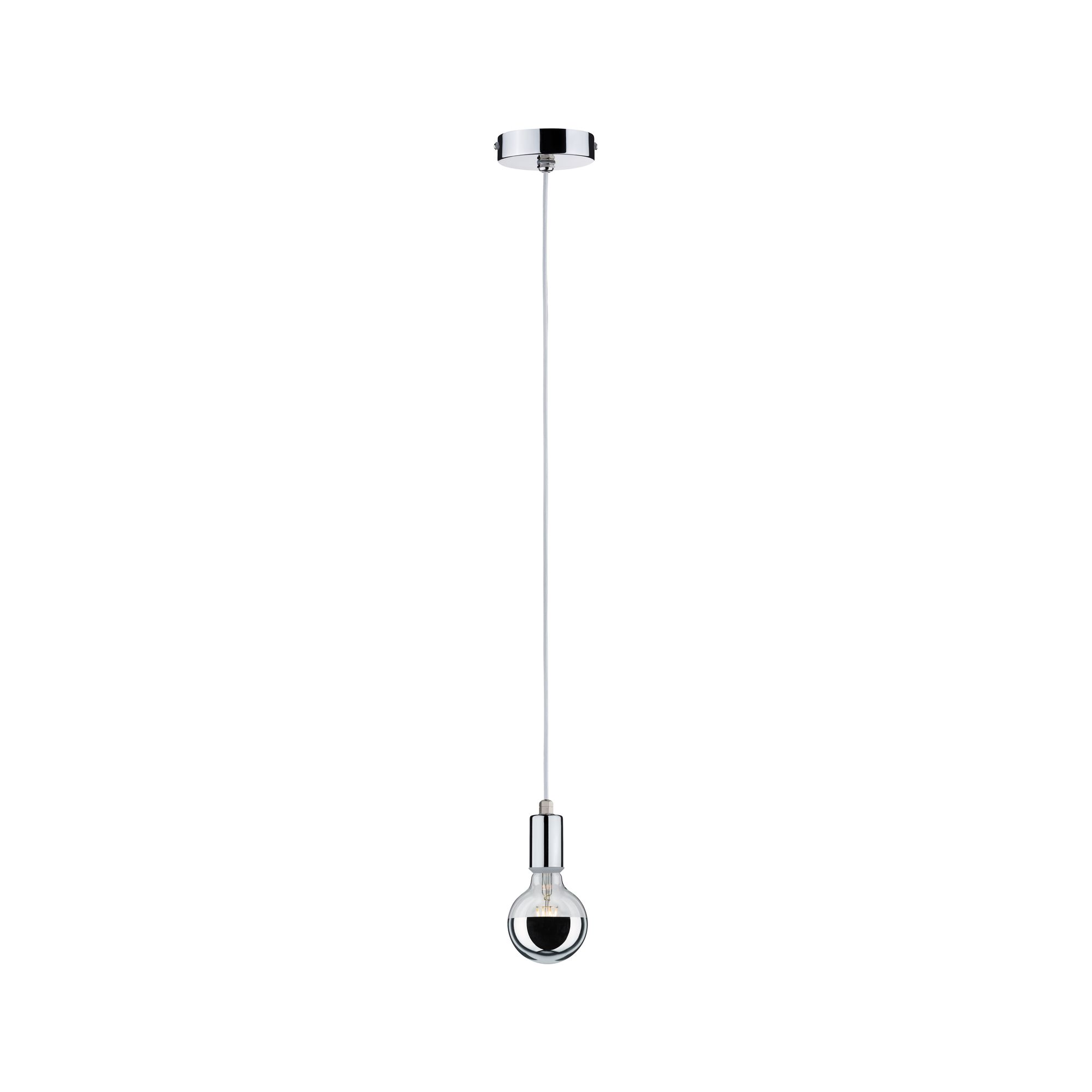 Modern pendant light with chrome metal and half-mirrored bulb for stylish interior lighting