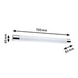 Längliche LED-Leuchte mit weißem Kunststoffschirm und chromfarbenen Endkappen, Maße 700x60x82 mm