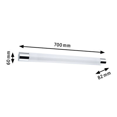 Elongated LED light with white plastic cover and chrome end caps, dimensions 700x60x82 mm