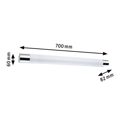 Elongated LED light with white plastic cover and chrome end caps, dimensions 700x60x82 mm