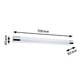 Längliche LED-Leuchte mit weißem Kunststoffschirm und chromfarbenen Endkappen, Maße 700x60x82 mm