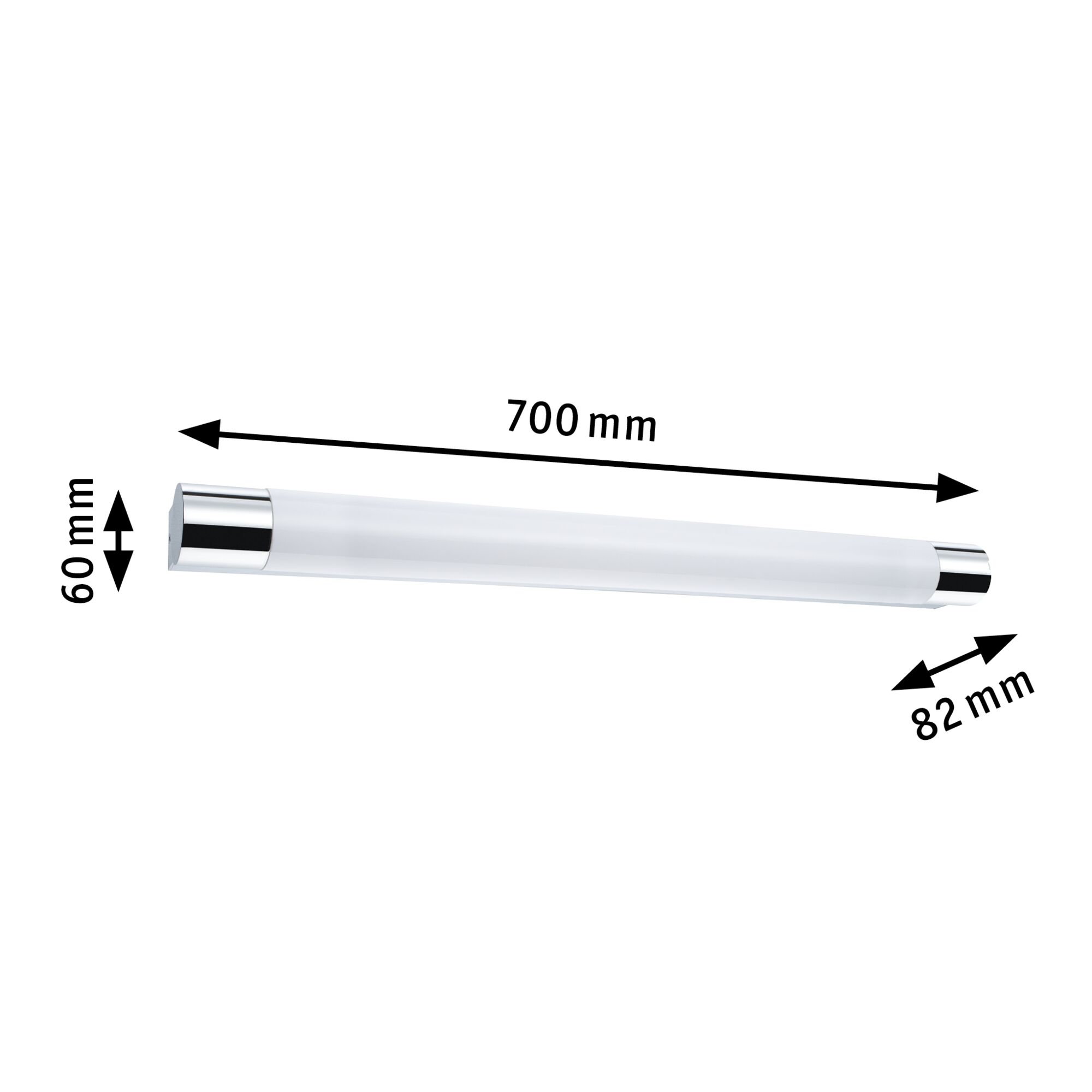 Längliche LED-Leuchte mit weißem Kunststoffschirm und chromfarbenen Endkappen, Maße 700x60x82 mm