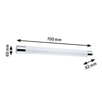 Längliche LED-Leuchte mit weißem Kunststoffschirm und chromfarbenen Endkappen, Maße 700x60x82 mm