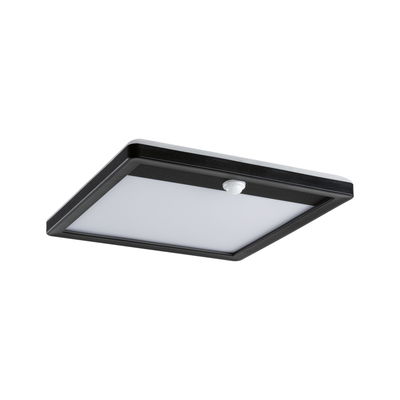 Schwarze quadratische LED-Deckenleuchte mit weißem Diffusor und Bewegungsmelder für Innenräume