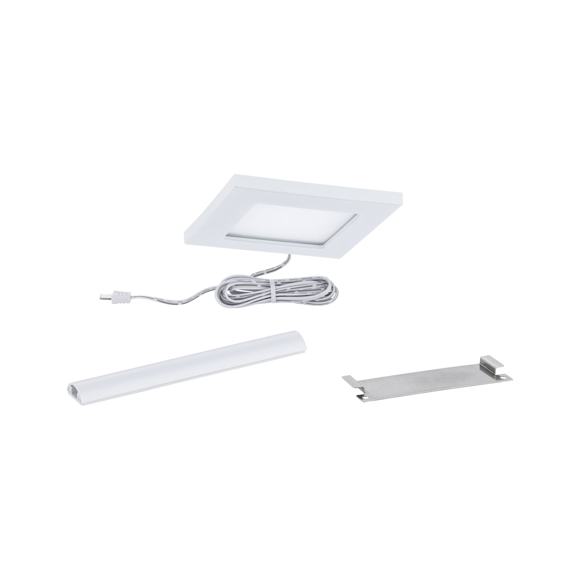 Firkantet hvidt LED-indbygningspanel med kabel og monteringsdele til moderne belysning