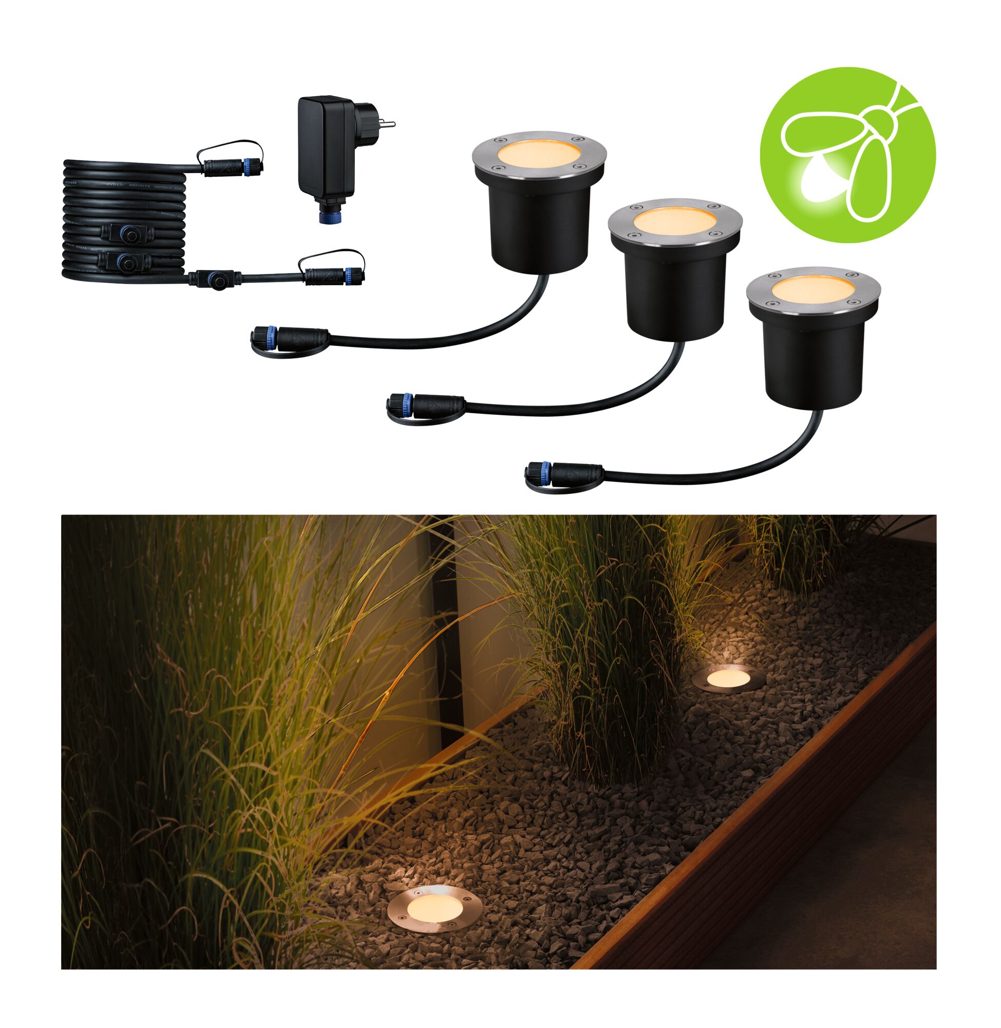 Plug & Shine LED Recessed floor luminaire Floor Basic Set Insect-friendly IP67 2200K 3x4,5W Anthracite Set of three black metal LED ground lights with warm white light for garden lighting