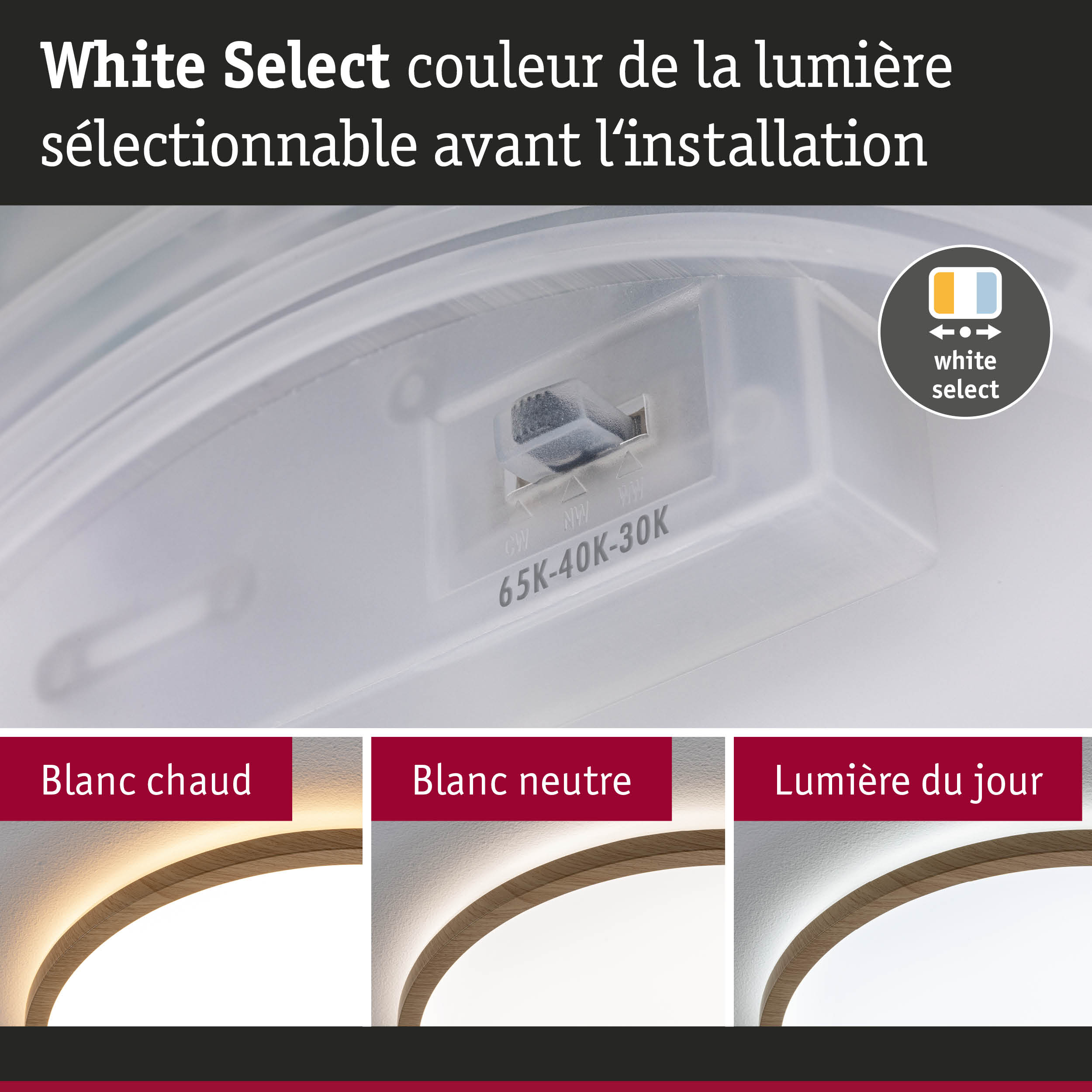 Sélecteur de couleur de lumière blanc pour éclairage LED avec options blanc chaud, neutre et jour