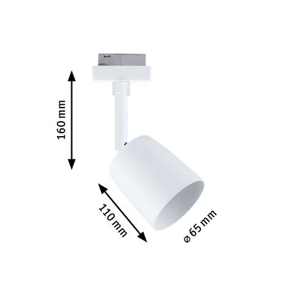 Spot LED blanc en métal de 160 mm de haut et 65 mm de diamètre pour rails d’éclairage