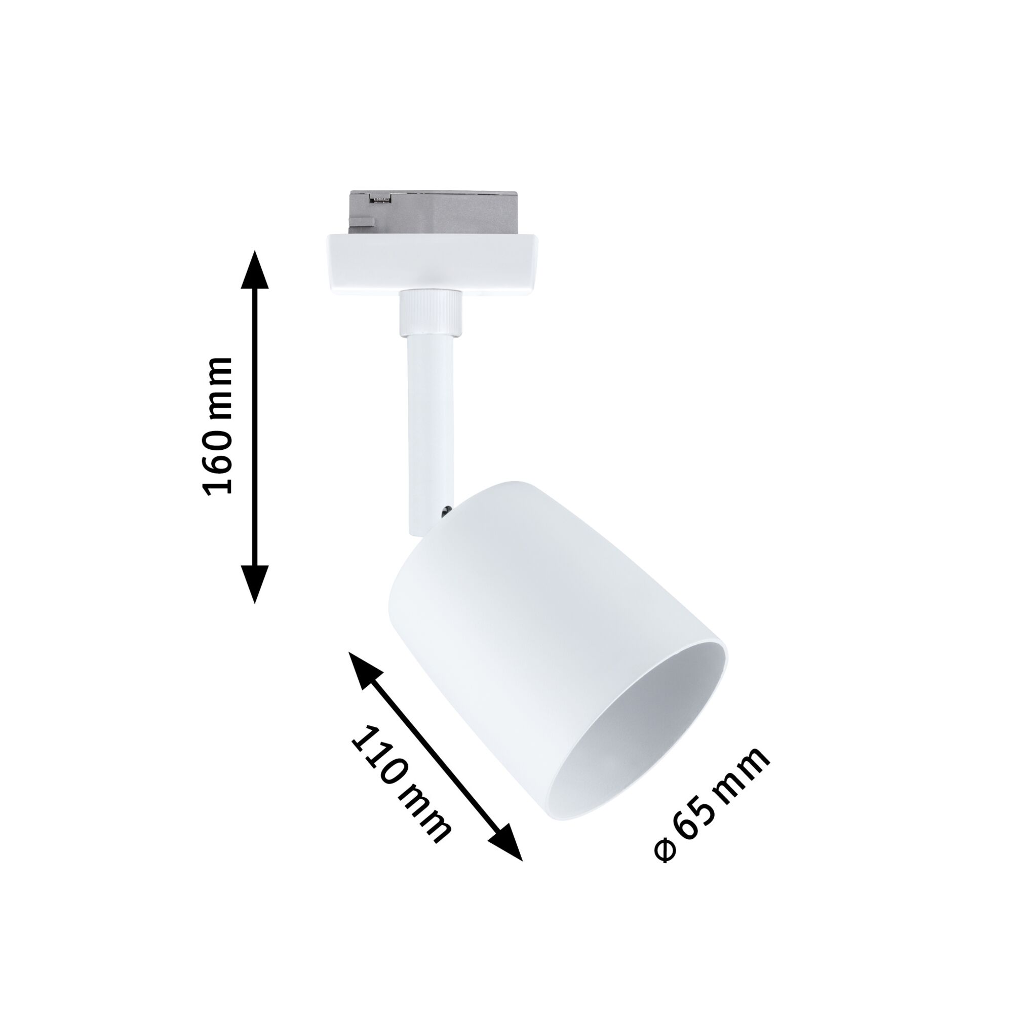 Spot LED blanc en métal de 160 mm de haut et 65 mm de diamètre pour rails d’éclairage