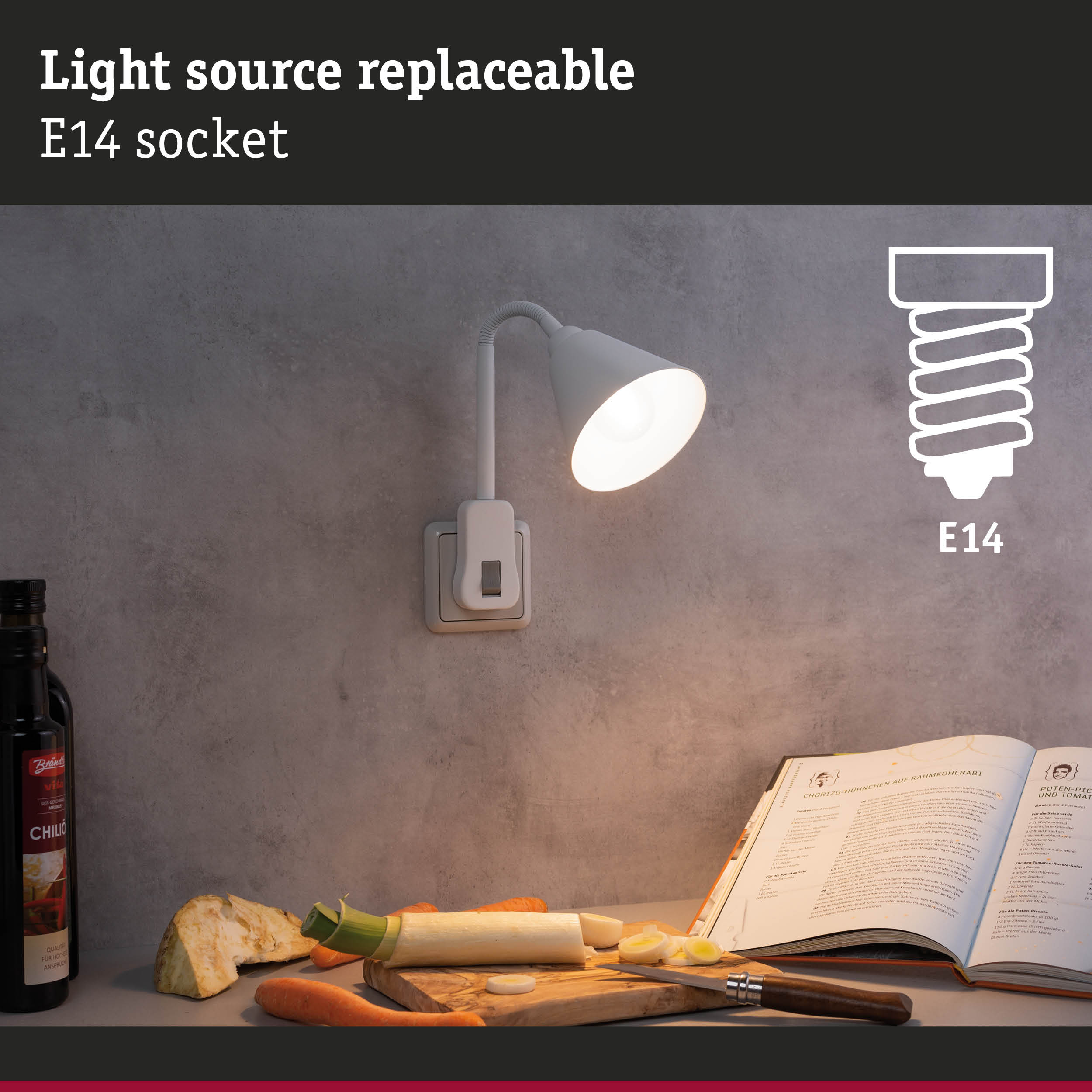 White flexible wall lamp with E14 socket on grey wall, LED kitchen lighting with replaceable bulb