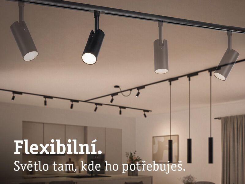 Schwarze flexible URail LED-Schienenleuchten an Decke in modernem Wohnraum mit dimmbarer Beleuchtung
