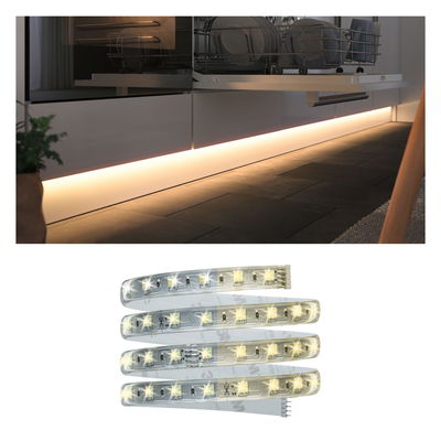 Flexible LED strip light with warm white glow, perfect for under cabinet kitchen lighting and ambient home accents.