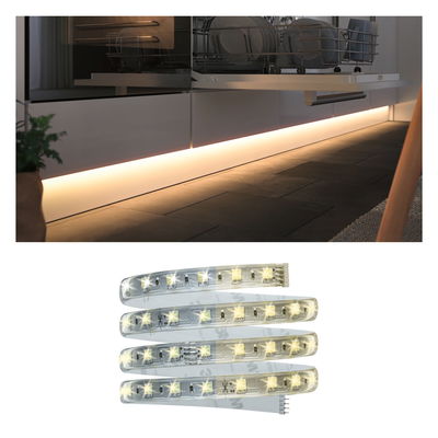 Bande LED flexible à lumière blanche chaude, idéale pour l’éclairage sous meuble de cuisine et l’ambiance intérieure.