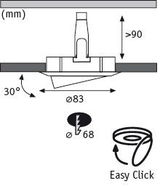Technische tekening van inbouwspotvoet met afmetingen en Easy Click bevestiging.