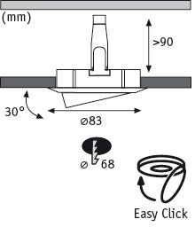 Technische tekening van inbouwspotvoet met afmetingen en Easy Click bevestiging.