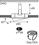 Technische Zeichnung eines Einbaustrahler-Sockels mit Maßen und Easy-Click-Befestigung.