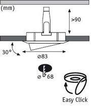 Technische Zeichnung eines Einbaustrahler-Sockels mit Maßen und Easy-Click-Befestigung.