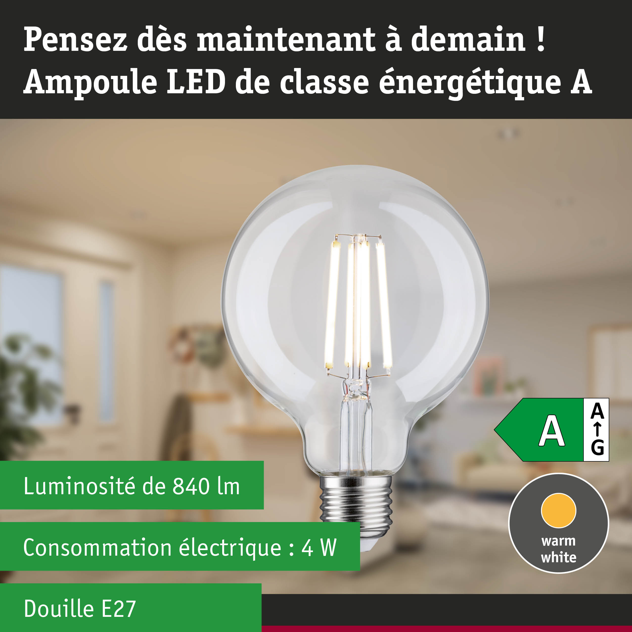 Ampoule LED claire avec lumière blanc chaud et haute efficacité énergétique sur fond de forêt verte