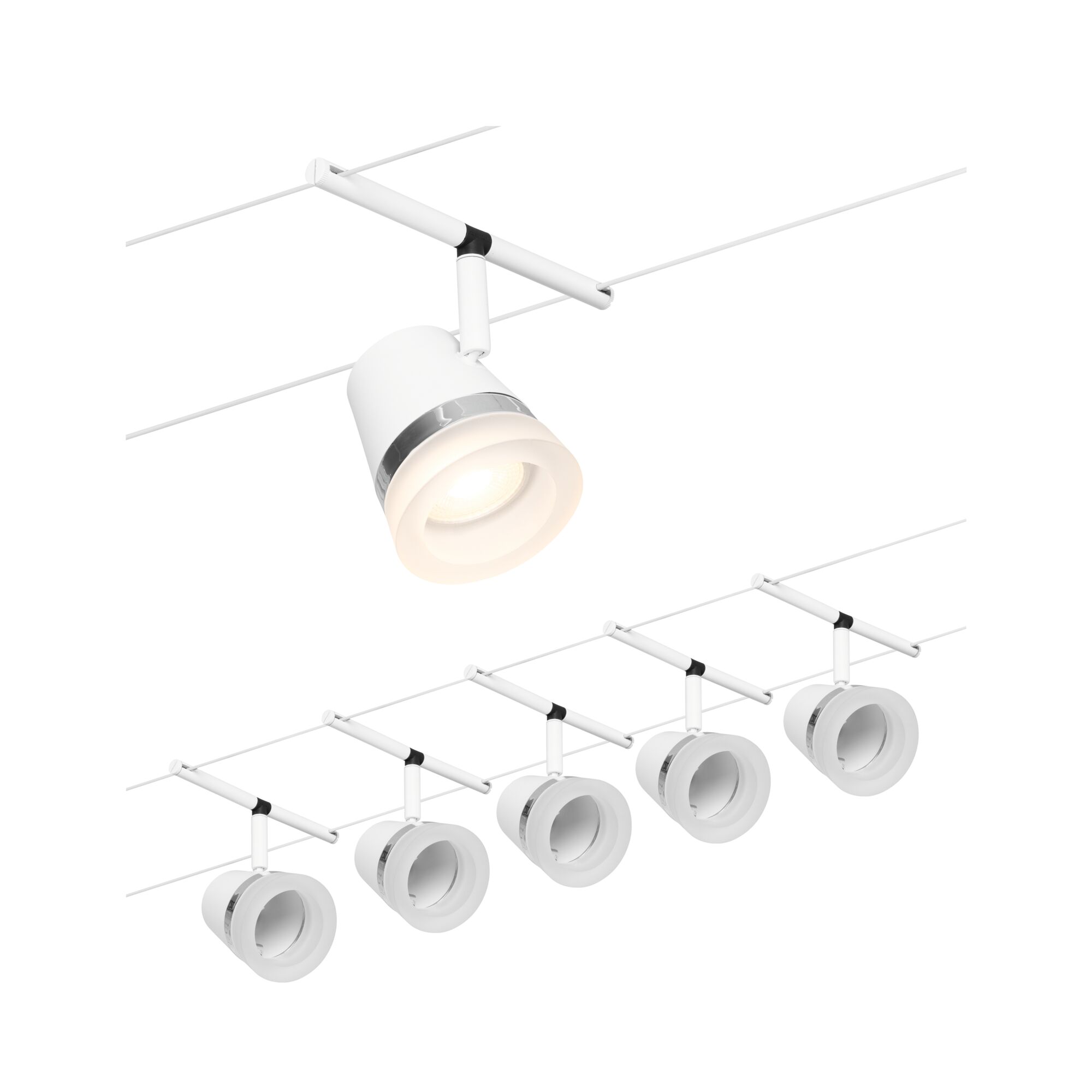 Weißer LED-Seilsystem-Strahler mit verstellbarem Kopf und silbernem Ring für moderne Beleuchtung