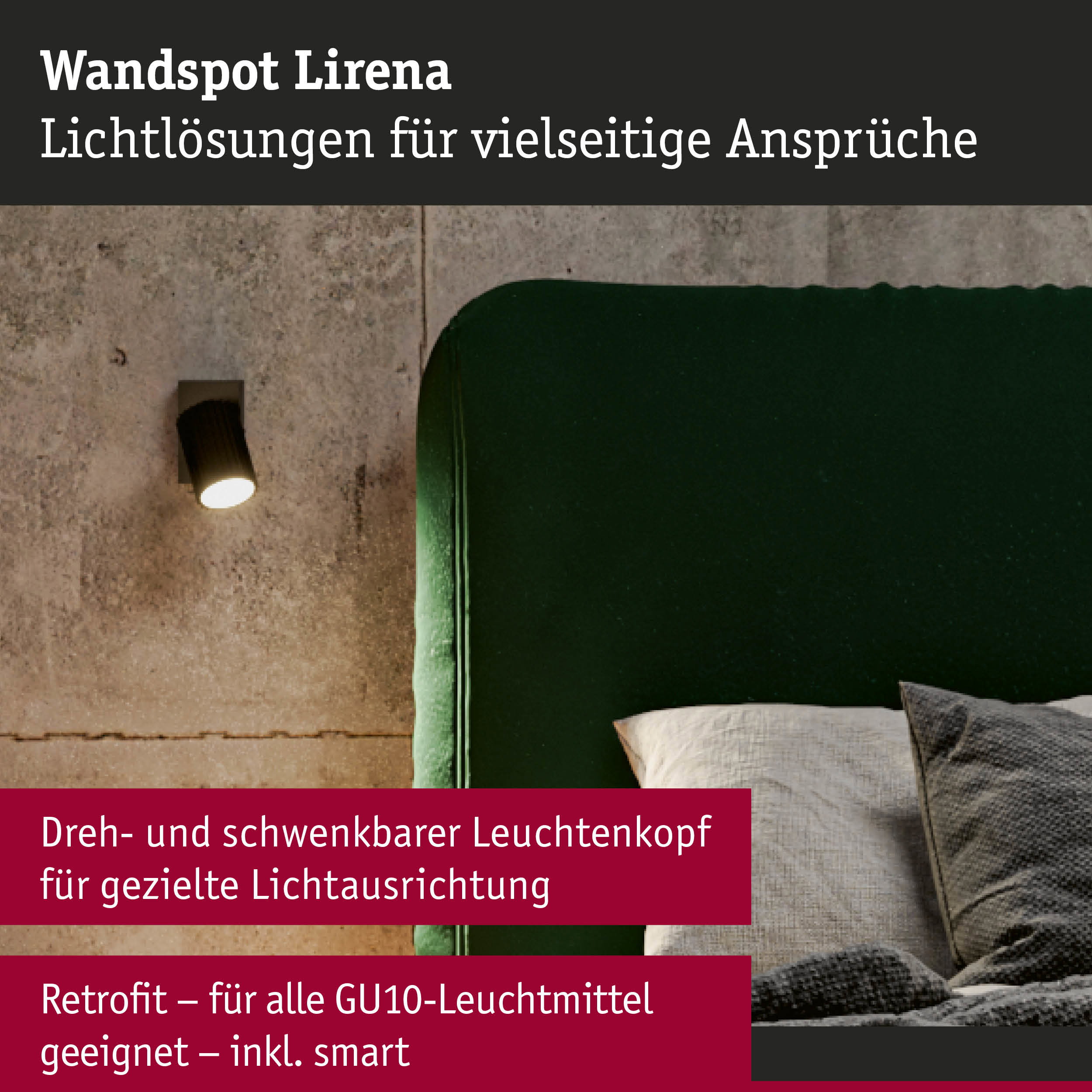 Schwarzer Wandspot Lirena mit dreh- und schwenkbarem Leuchtenkopf an Betonwand neben grünem Samtkopfteil