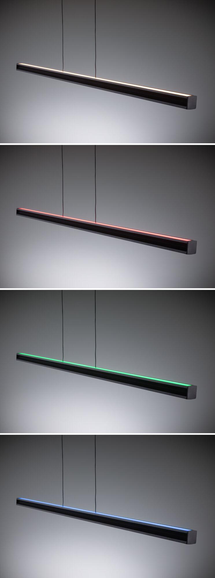 Black LED pendant light with adjustable white, red, green, and blue lighting for modern interiors