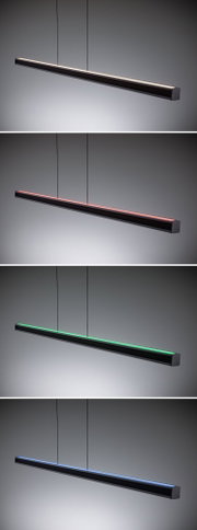 Schwarze LED-Pendelleuchte mit variabler Lichtfarbe in Weiß, Rot, Grün und Blau für moderne Innenräume