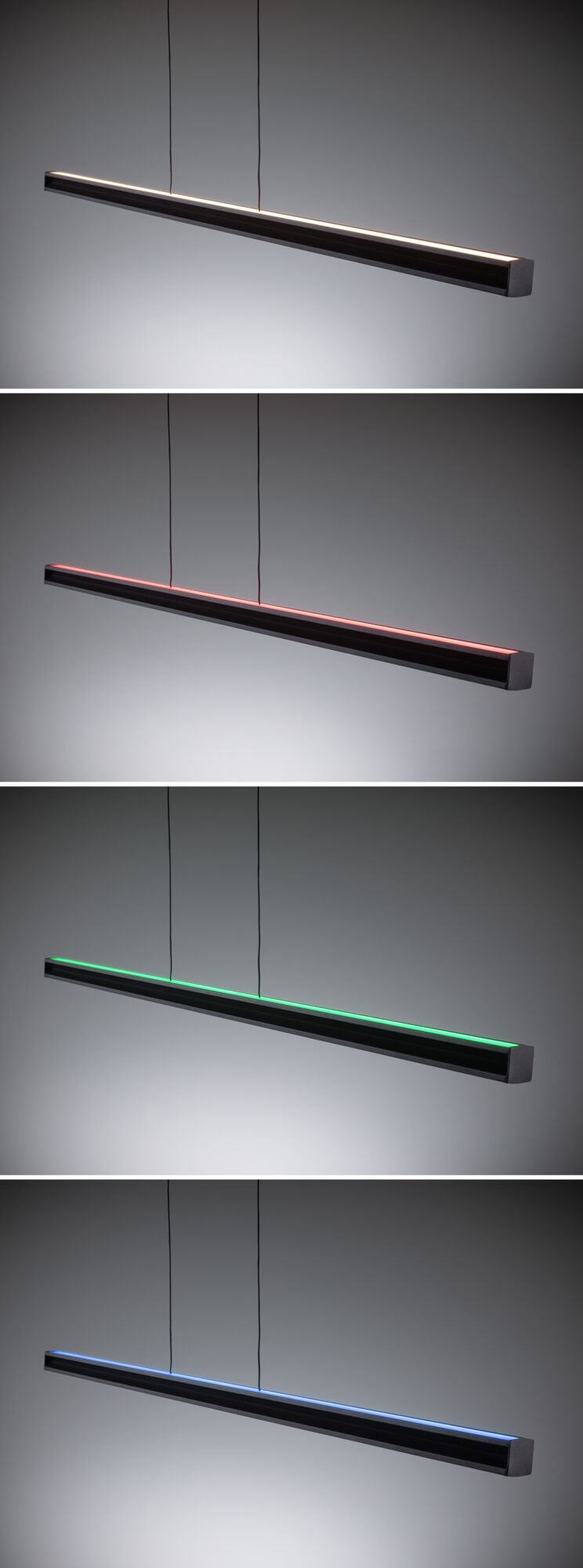 Schwarze LED-Pendelleuchte mit variabler Lichtfarbe in Weiß, Rot, Grün und Blau für moderne Innenräume