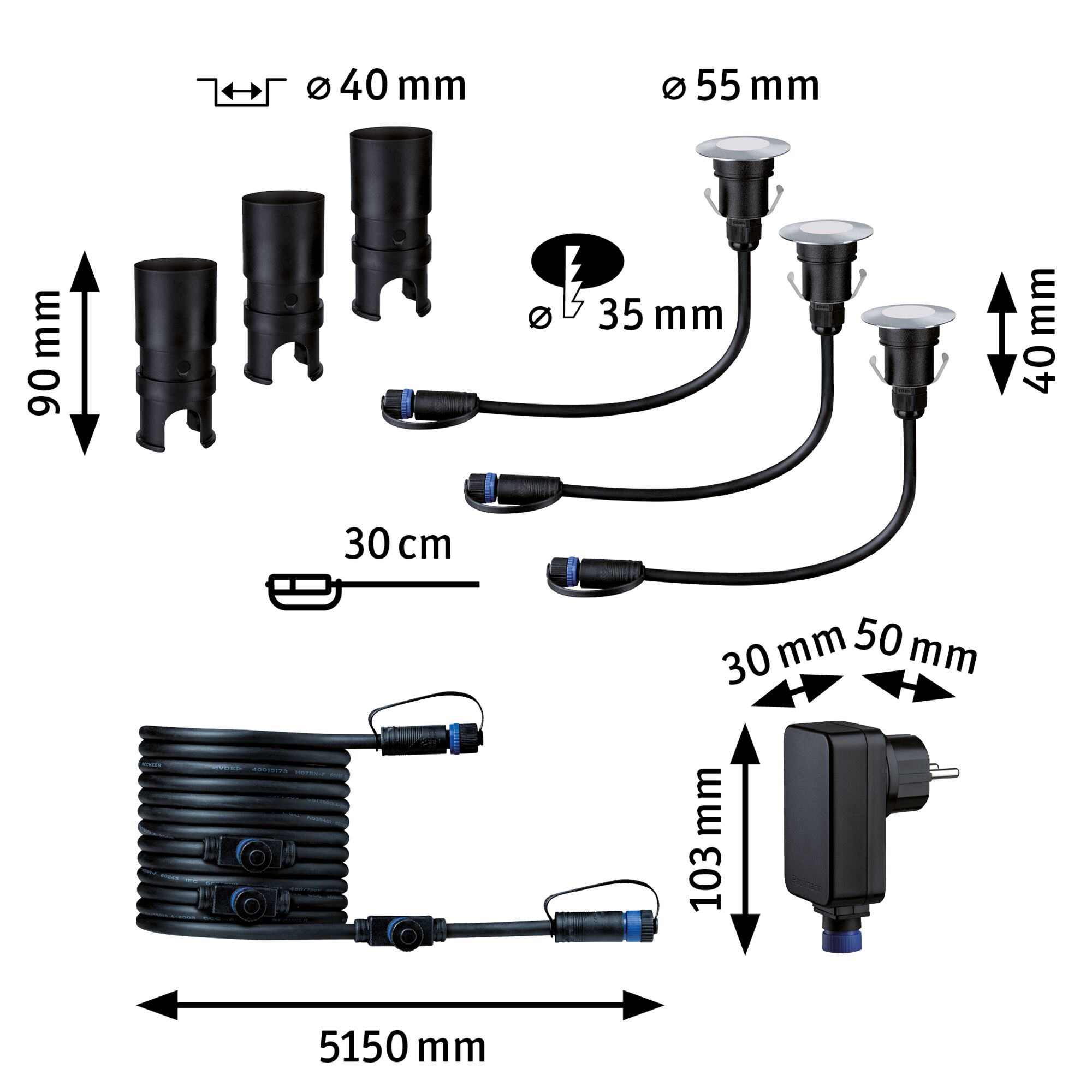 Technical drawing of black LED garden lights with cables and dimensions for outdoor lighting setup.
