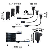 Technical drawing of black LED garden lights with cables and dimensions for outdoor lighting setup.