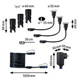 Technical drawing of black LED garden lights with cables and dimensions for outdoor lighting setup.