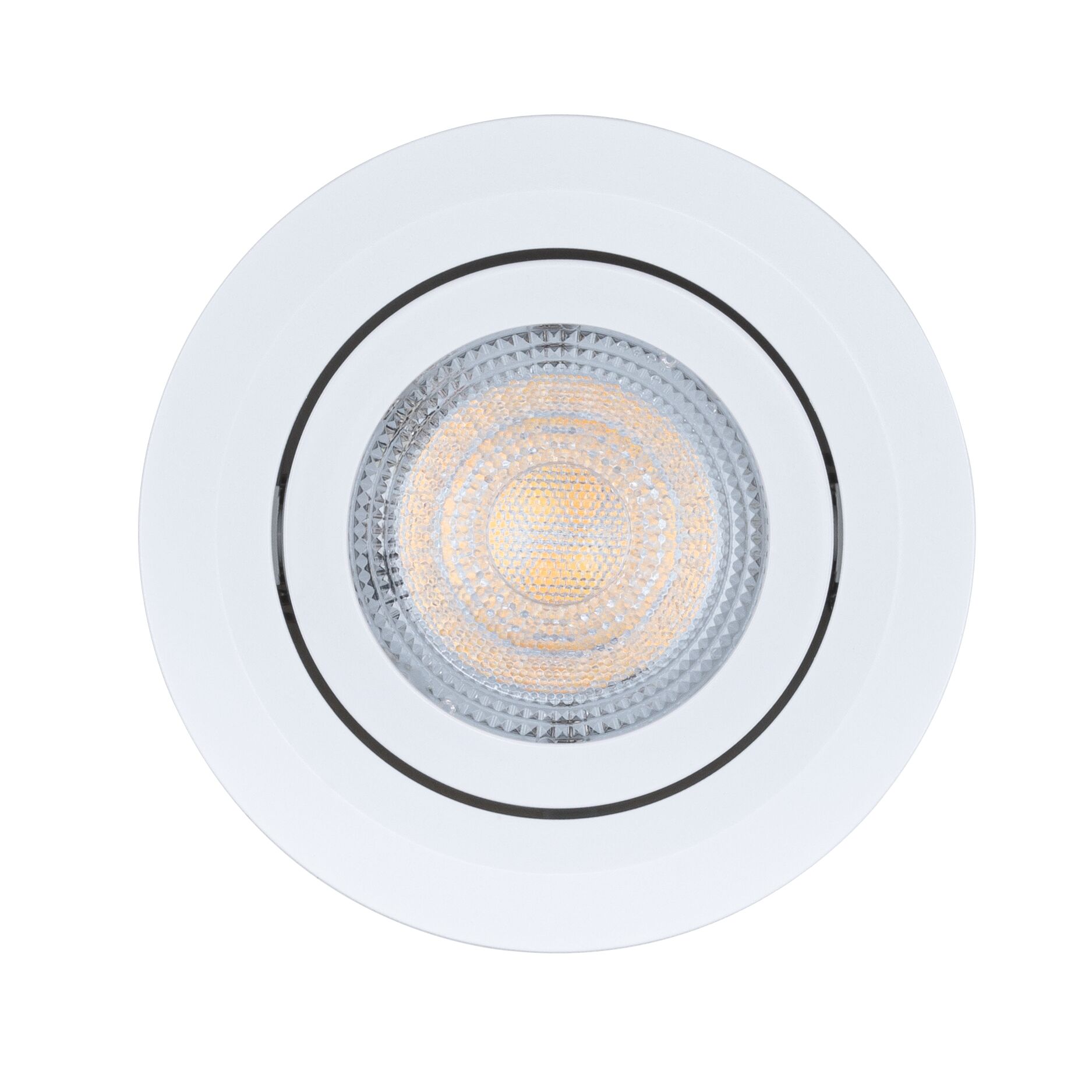 Rundes weißes LED-Einbaustrahler mit strukturiertem Glas und warmweißem Licht für moderne Innenbeleuchtung