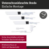 Unterschrankleuchte Bredo in Weiß mit schwarzem Anschluss und Kabel für einfache Montage und 230V Stecktrafo