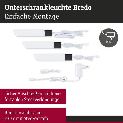 Unterschrankleuchte Bredo in Weiß mit schwarzem Anschluss und Kabel für einfache Montage und 230V Stecktrafo
