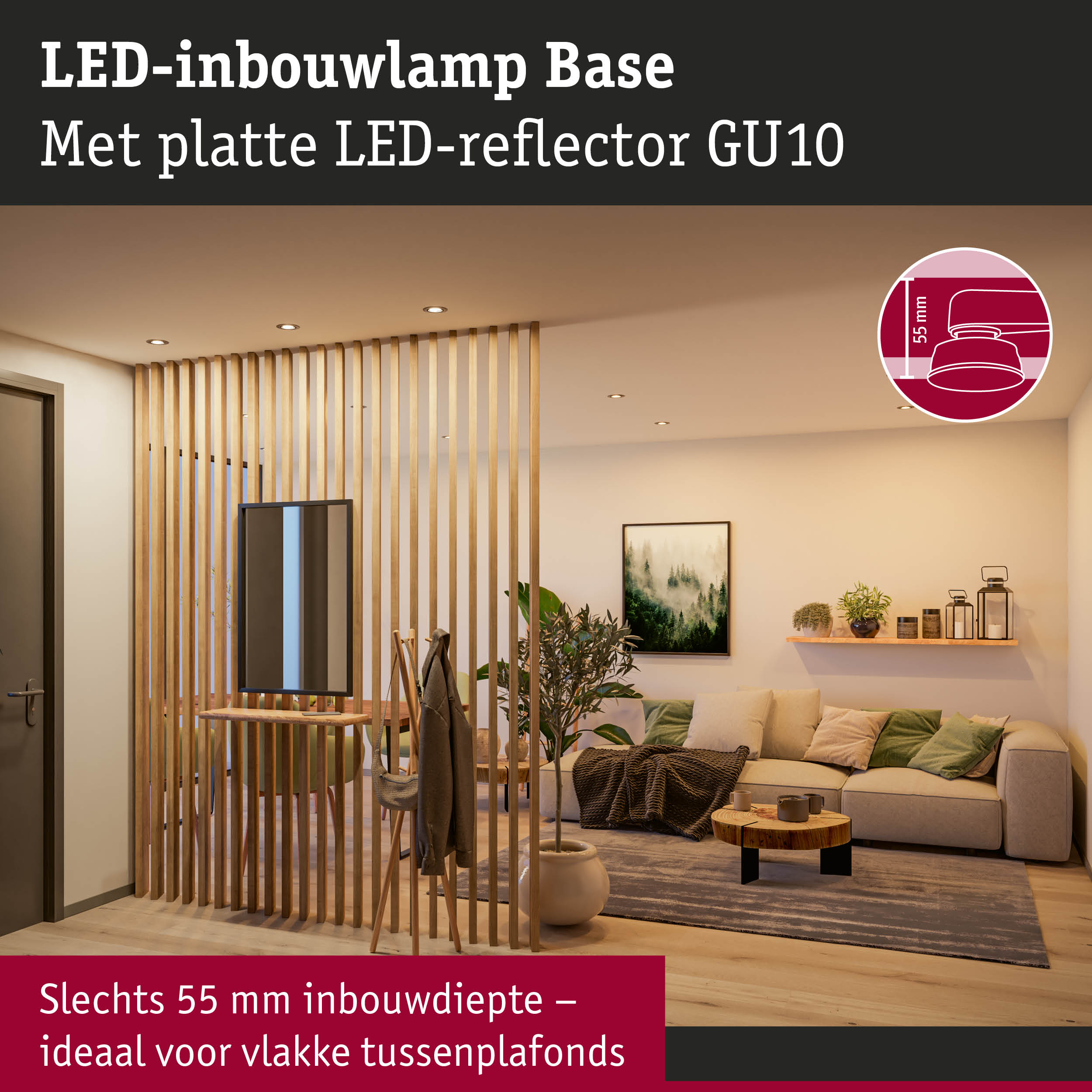 LED-inbouwlamp Base met platte LED-reflector GU10 in moderne woonkamer met houten accenten